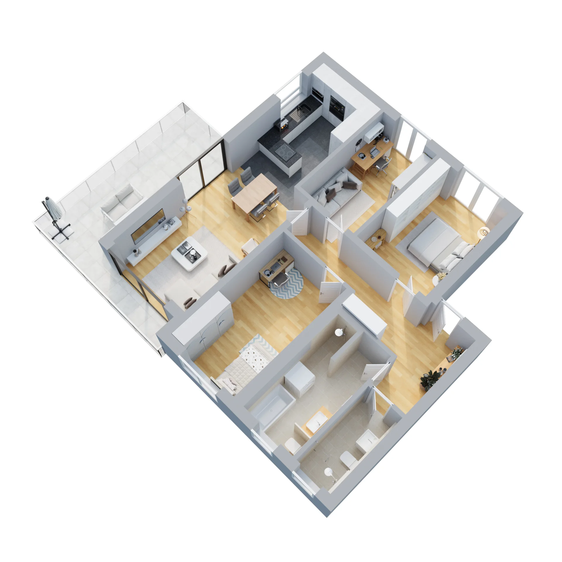 Gesamtansicht der möblierten 3D-Grundrisse